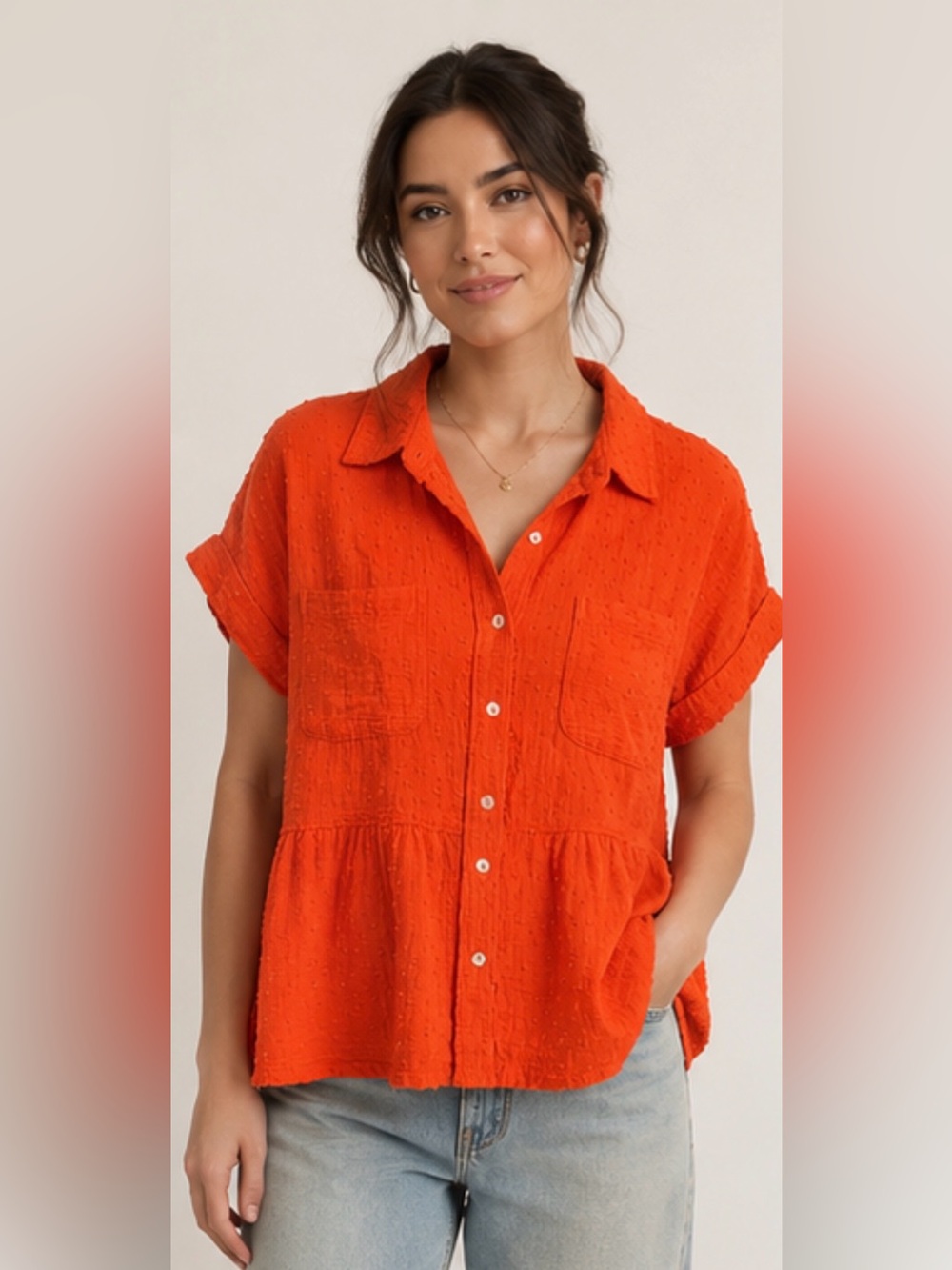 Ivy Jane Orange Cotton Gauze Swiss Dot Babydoll Button‎ Front Top M USA